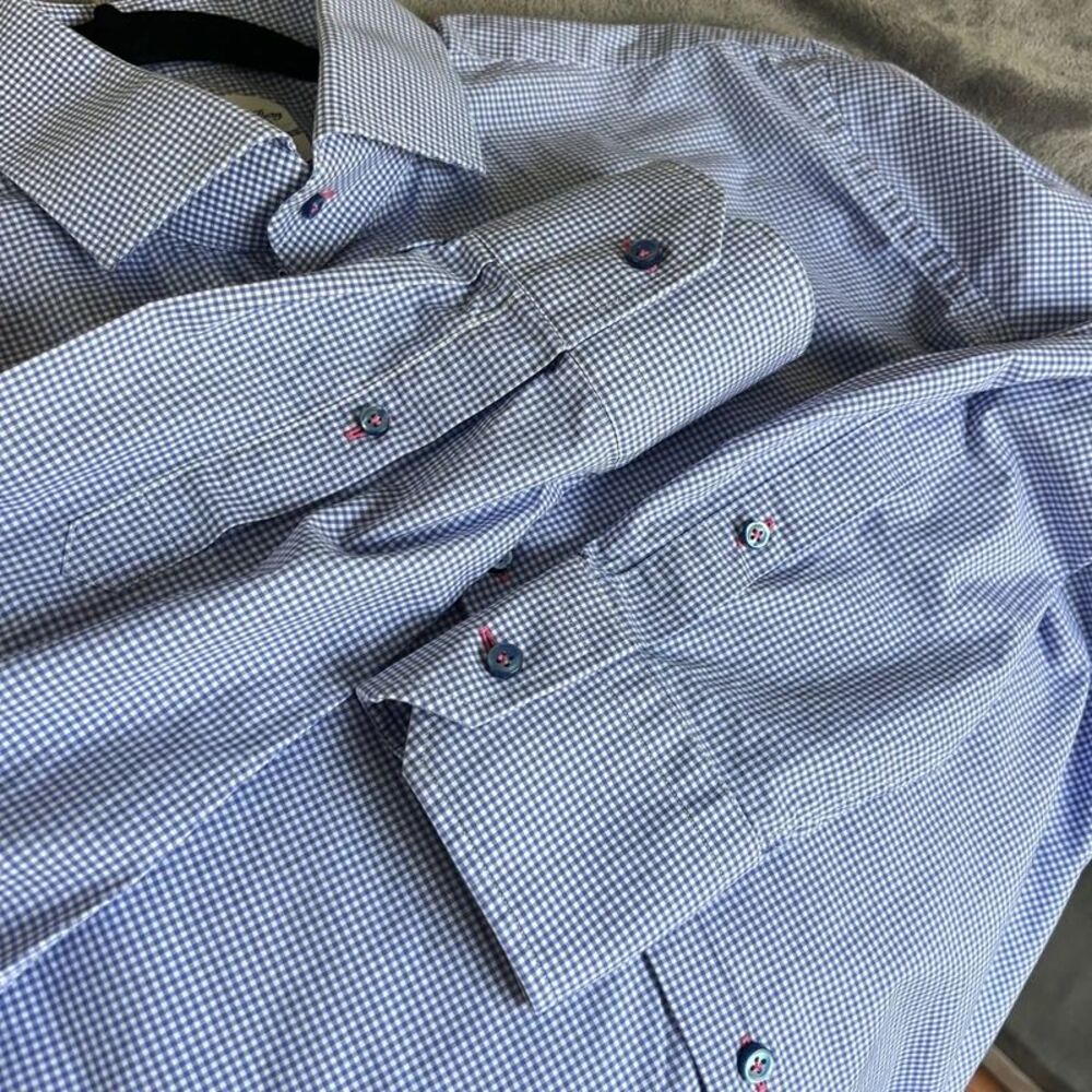 Emanuel Berg James Bond Modern Fit Blue White Check 17" Collar Italian Cotton XL